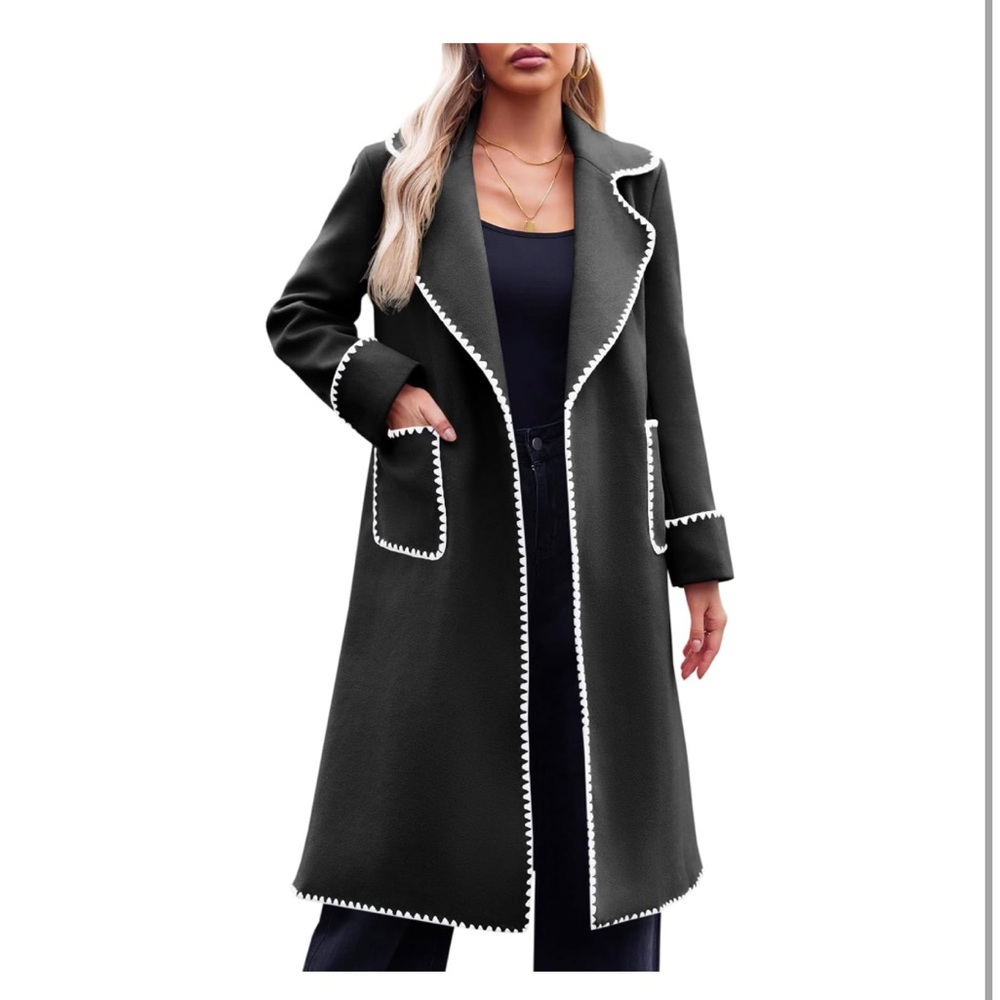 Long Peacoat Trench Coat Jacket White Embroidered Trim - Tie Belt and Pockets